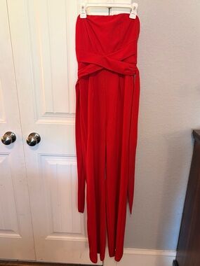Red Strapless Wrap Jumpsuit Dress